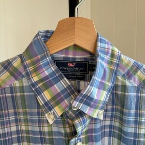 Vineyard Vines Slim Fit Preppy Blue Plaid L/S Button Down Whale Shirt Mens Med